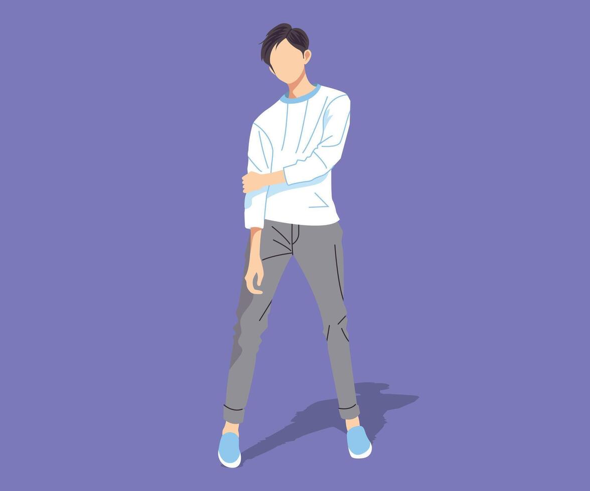 Illustration of a young man in casual clothes posing in front of a purple background vector