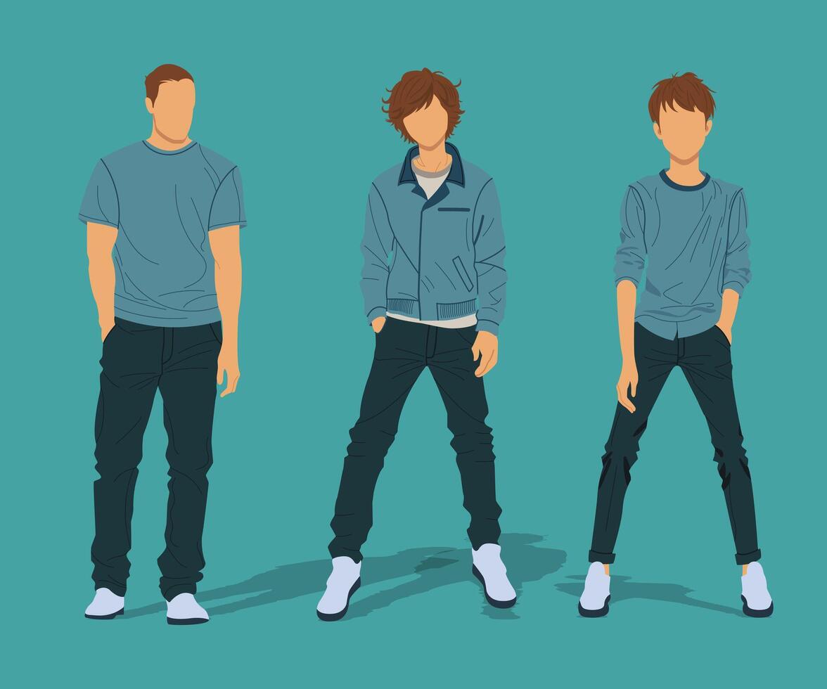 Three young men in casual outfits posing for a photograph vector
