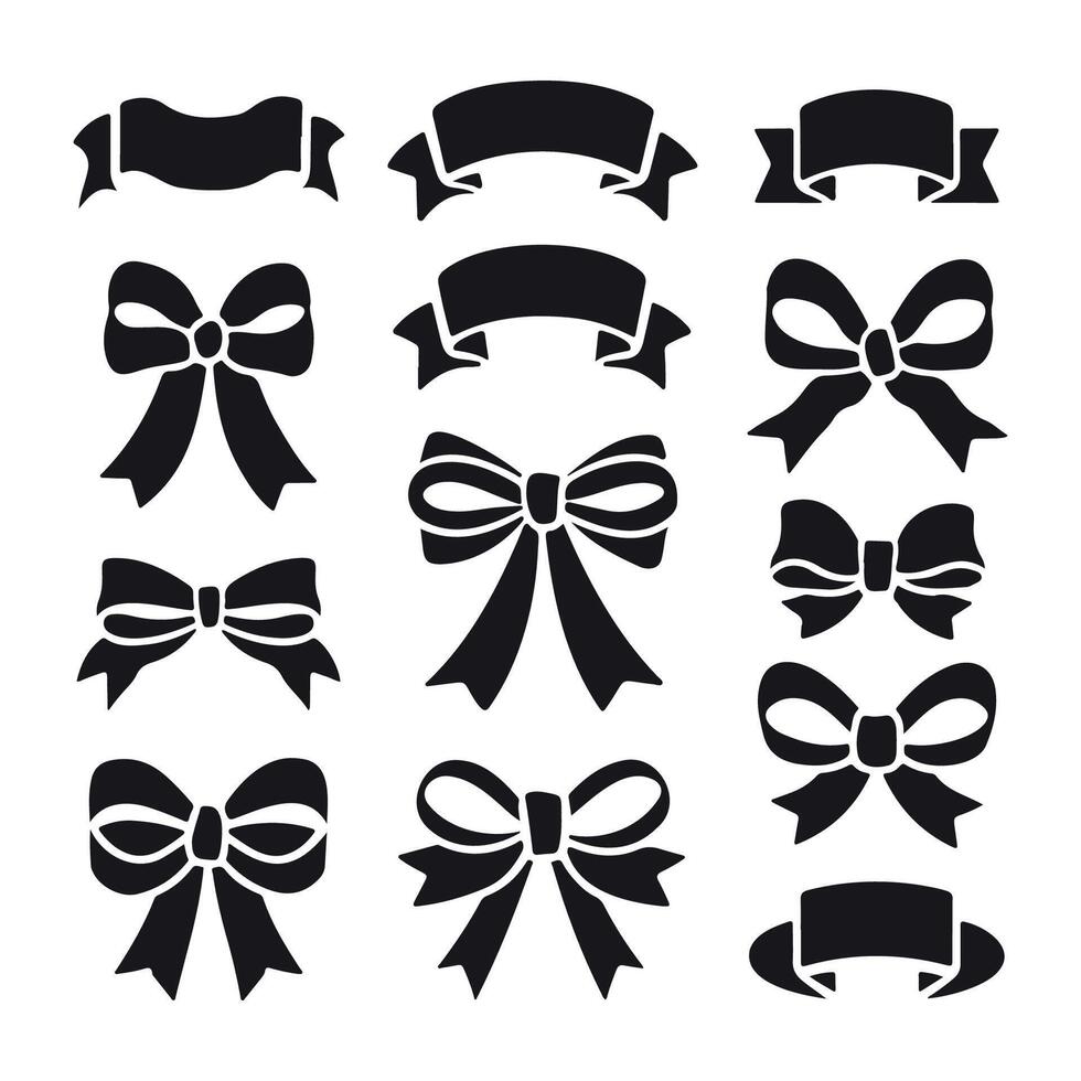 Collection of black ribbon and bow silhouettes vector