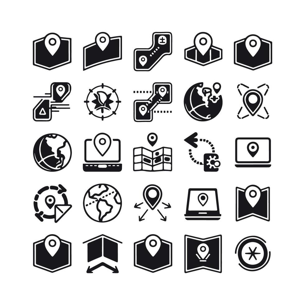 Set of black and white map and location icons for navigation and travel. vector