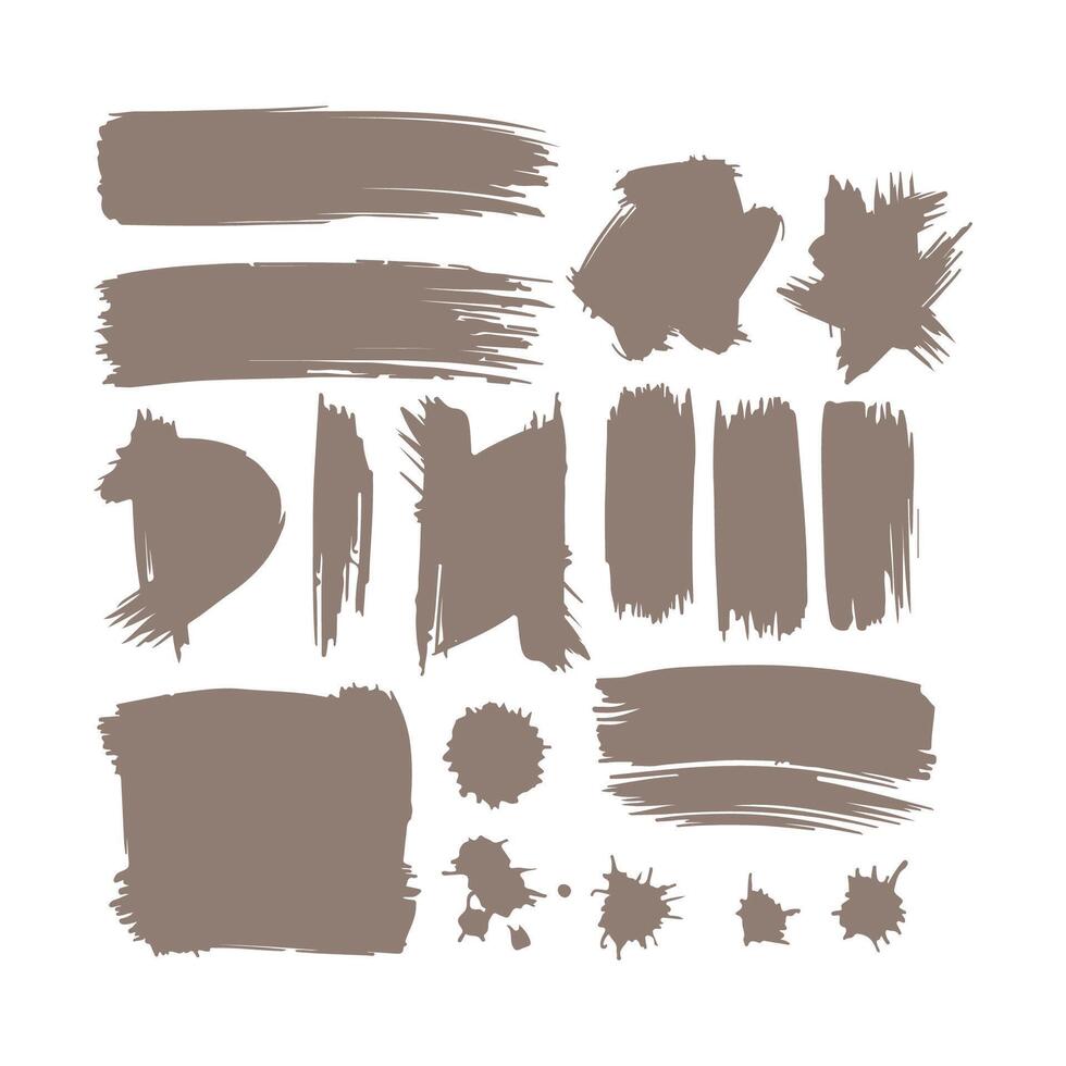 Collection of brown brush strokes, splatters, and paint design elements vector