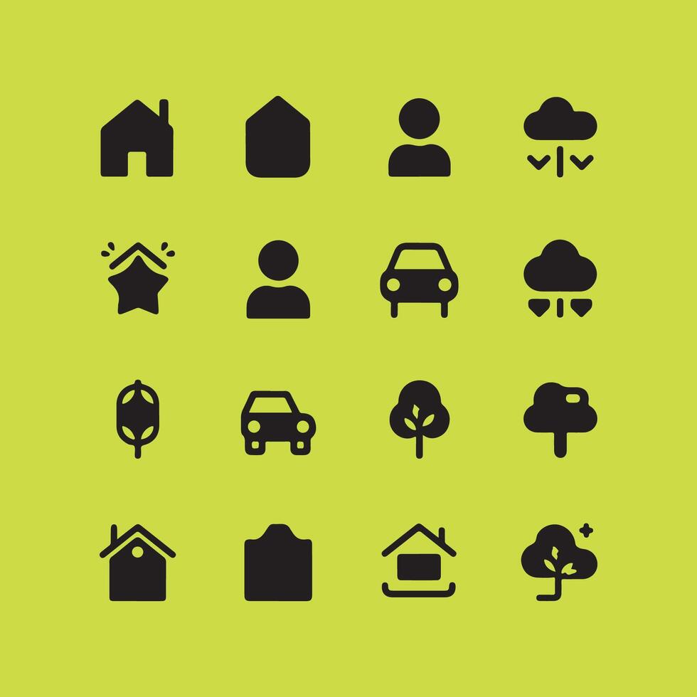 Collection of black icons representing home, people, nature, and weather elements vector