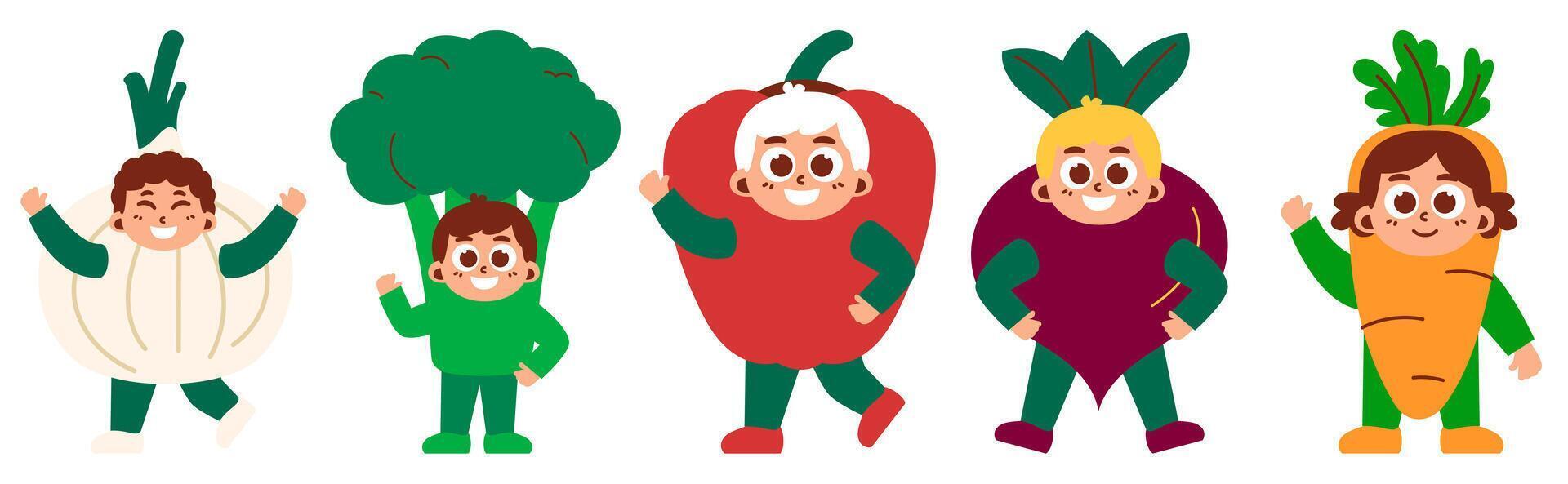 Delightful children's vegetable costume parade with smiles and joyfulness vector