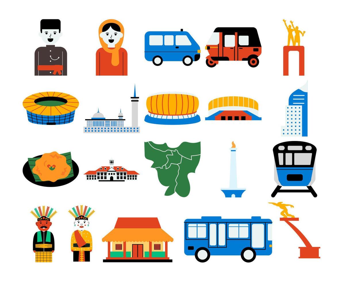 Jakarta, Indonesia landmarks and culture flat illustration set vector