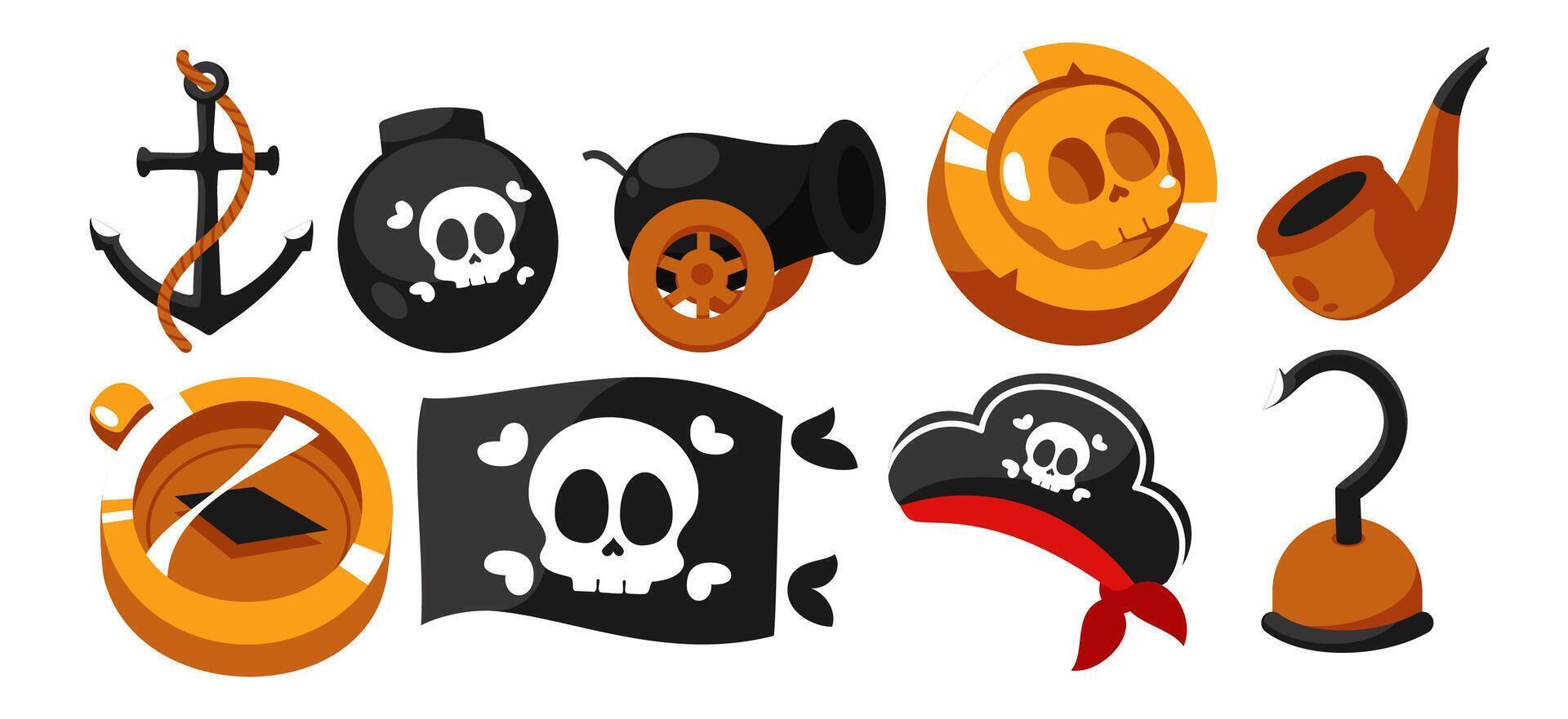 Whimsical Pirate Adventure, Cartoon Icons for Treasure Hunting and Fun vector