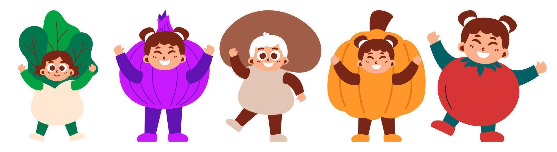Children joyfully dressed up in whimsical vegetable and fruit costumes vector