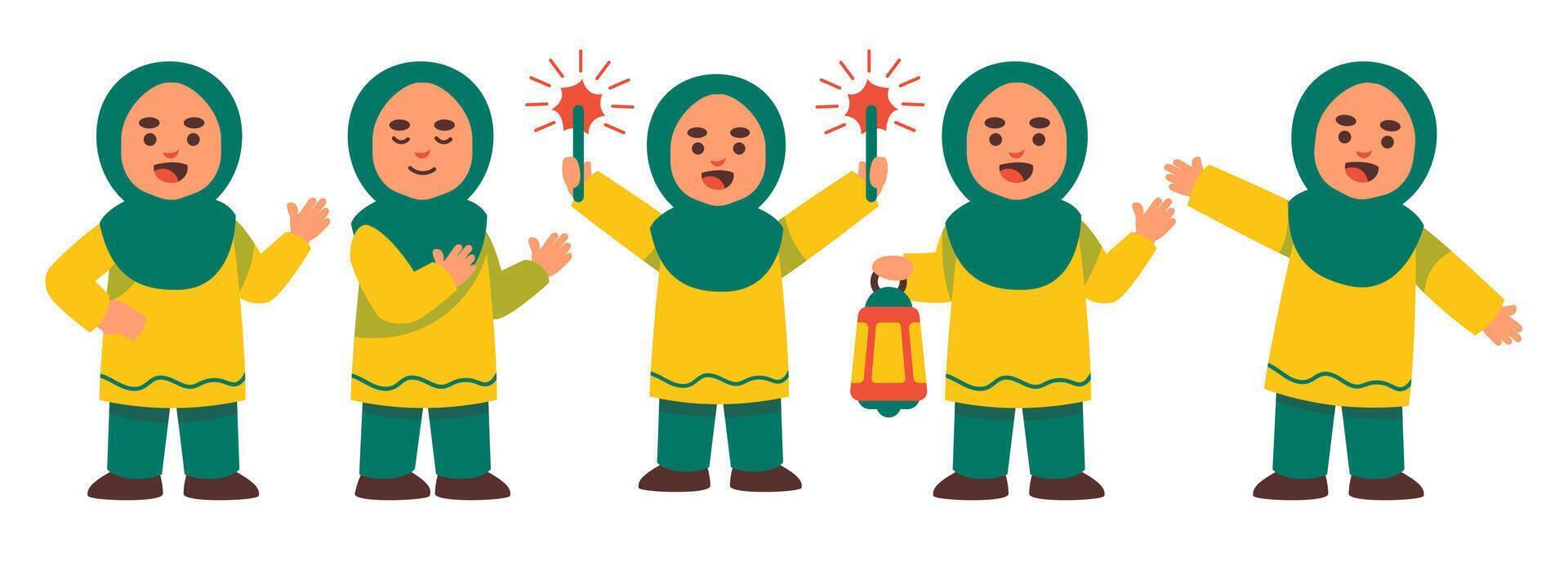 Illustration of Muslim girls celebrating Eid, offering festive cheer vector