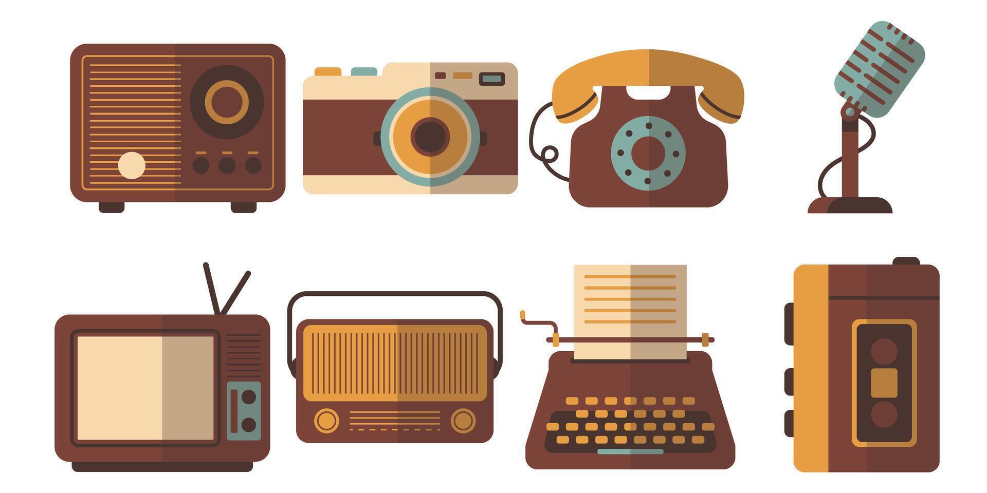 Vintage Communication and Entertainment Technology in Retro Flat Design Style vector