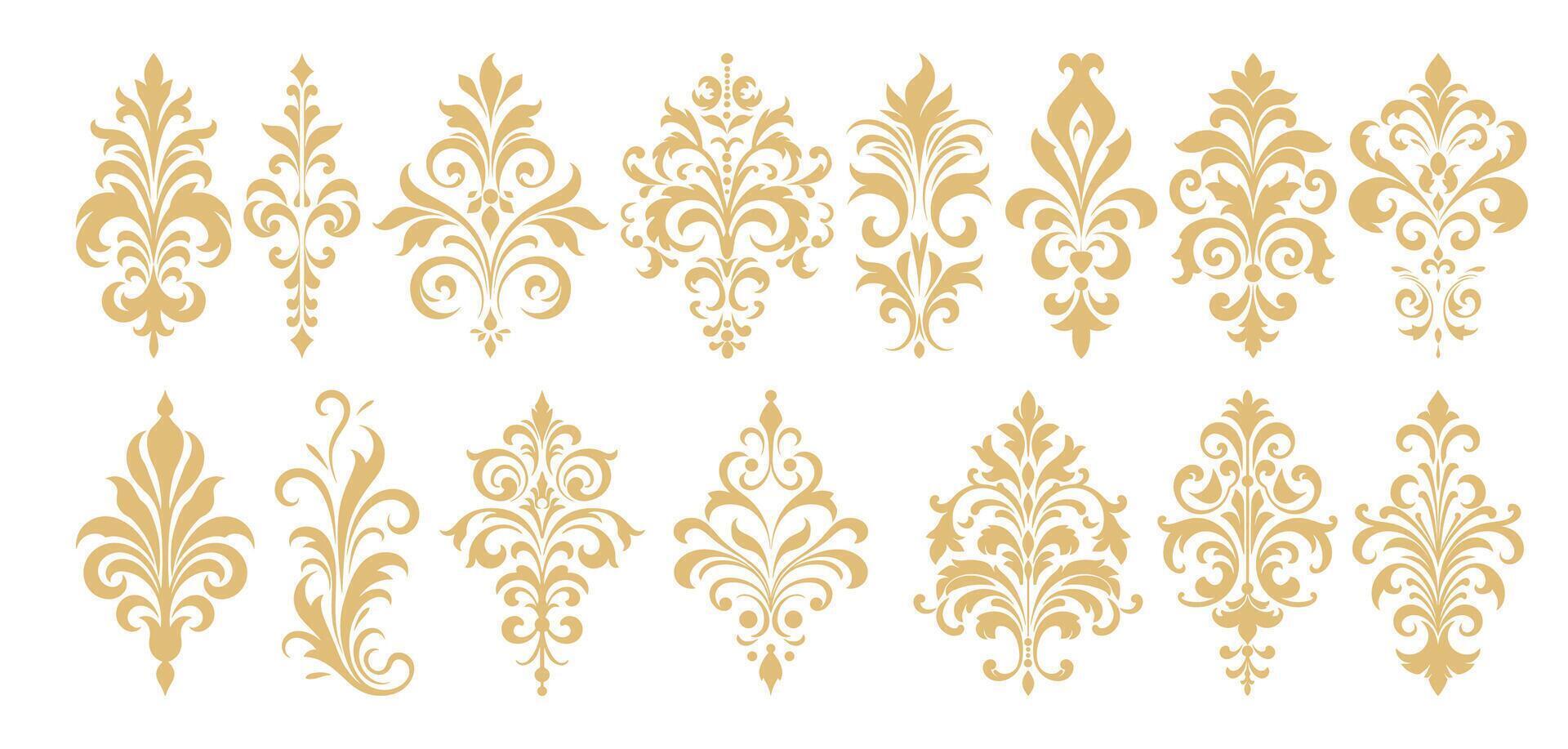 Assortment of golden damask ornamentation on white background decoration vector