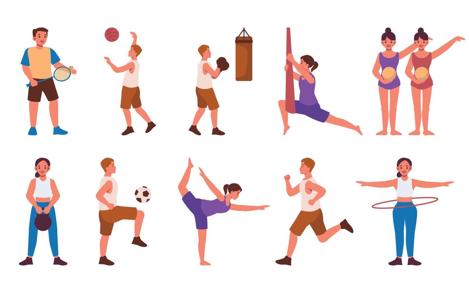 A diverse set of illustrations displaying men and women engaged in various sports and fitness activities vector