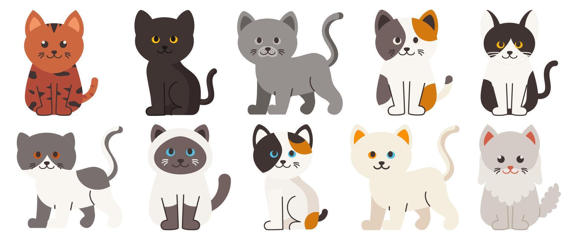 Diverse cartoon cat characters in various colors and patterns illustration vector