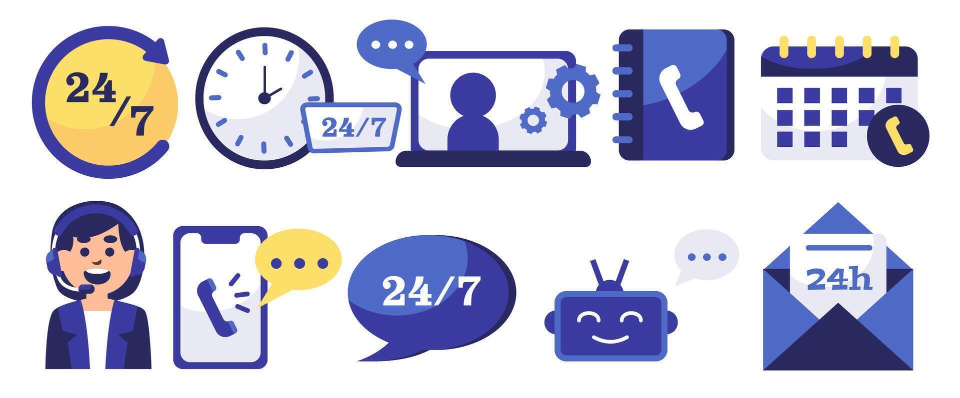 Assistance and support for business operations with 24 7 services flat design vector