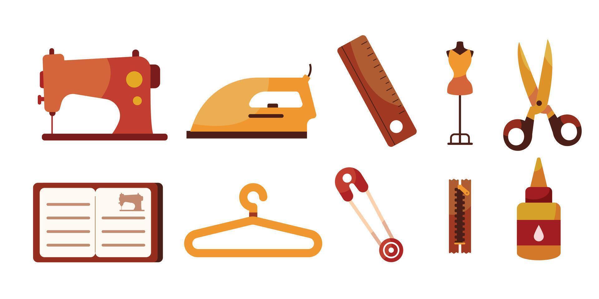 A collection of tailoring icons presented in a flat design, including a sewing machine, mannequin, and scissors, suitable for fashion and design projects vector