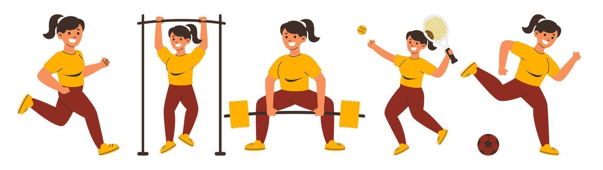 A woman engaged in various sports activities to maintain a healthy lifestyle vector
