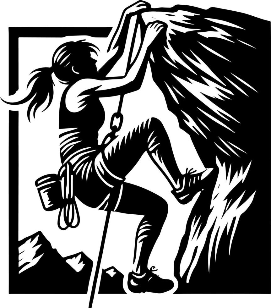 Female Mountain Climber Attempting An Overhang, Black And White Silhouette vector