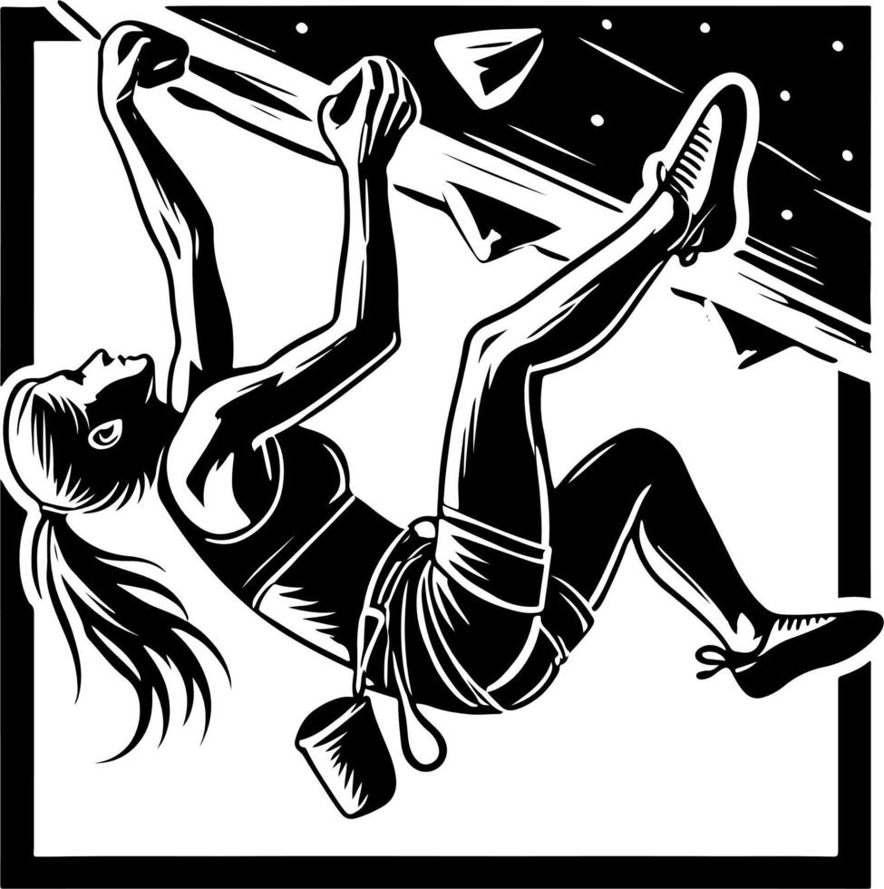 Female Mountain Climber Bouldering, Black And White Silhouette vector