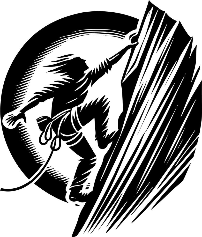 Female Mountain Climber Tackling A Cliff Face, Black And White Silhouette vector