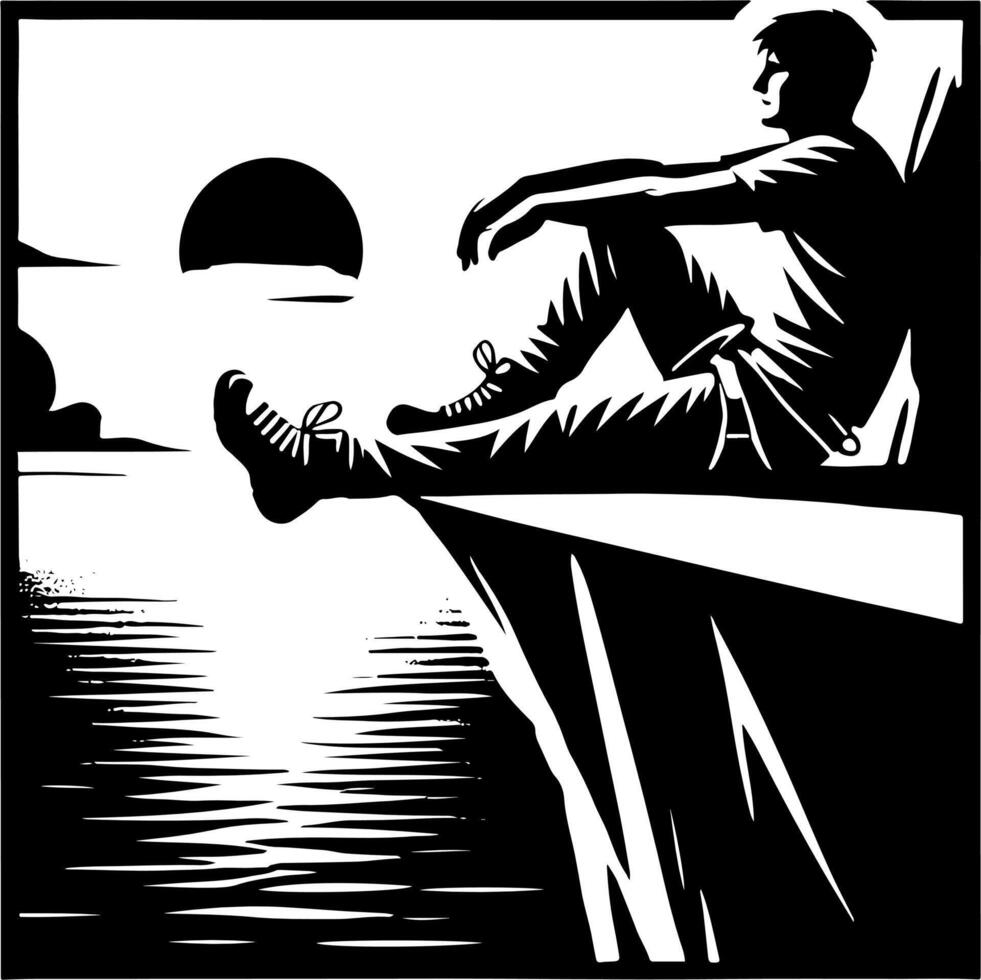 Male Mountain Climber Enjoying The View, Black And White Silhouette vector