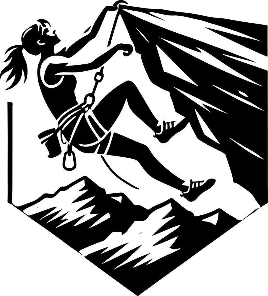 Female Mountain Climber Tackling An Overhang, Black And White Silhouette vector