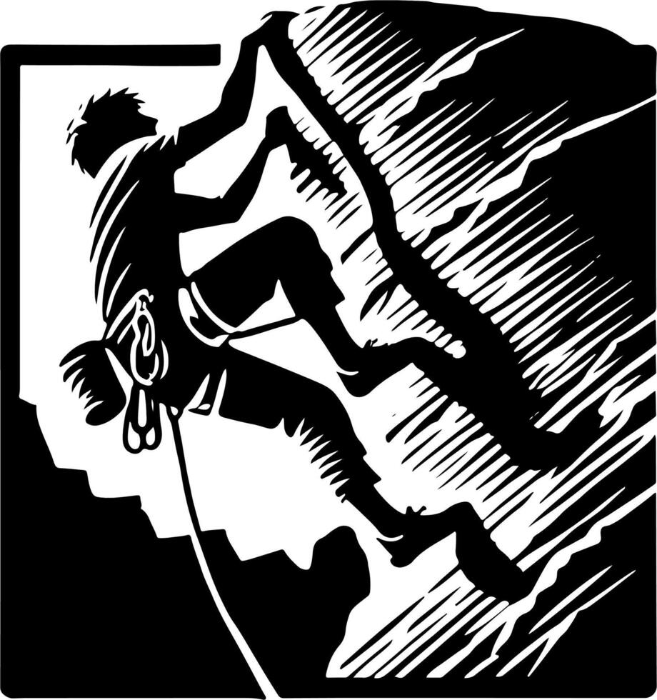 Male Mountain Climber Going Up A Cliff Face, Black And White Silhouette vector