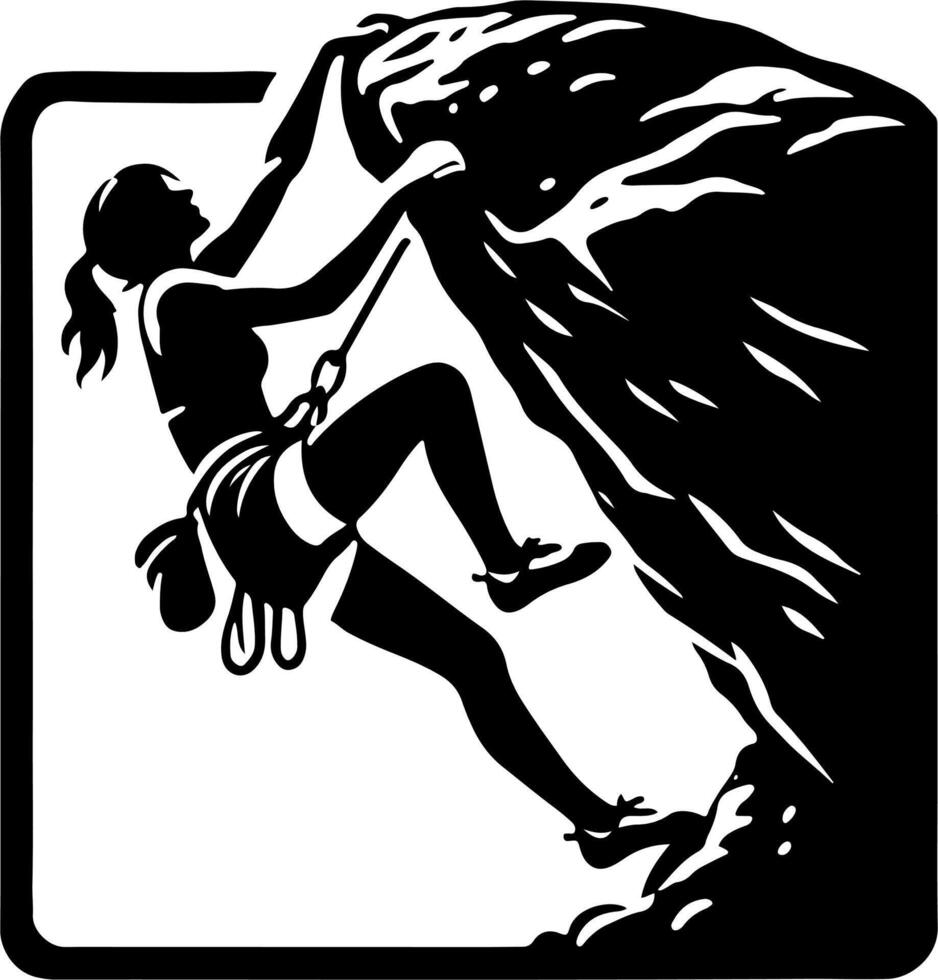 A Female Mountain Climber Going Up A Cliff Face, Black And White Silhouette vector