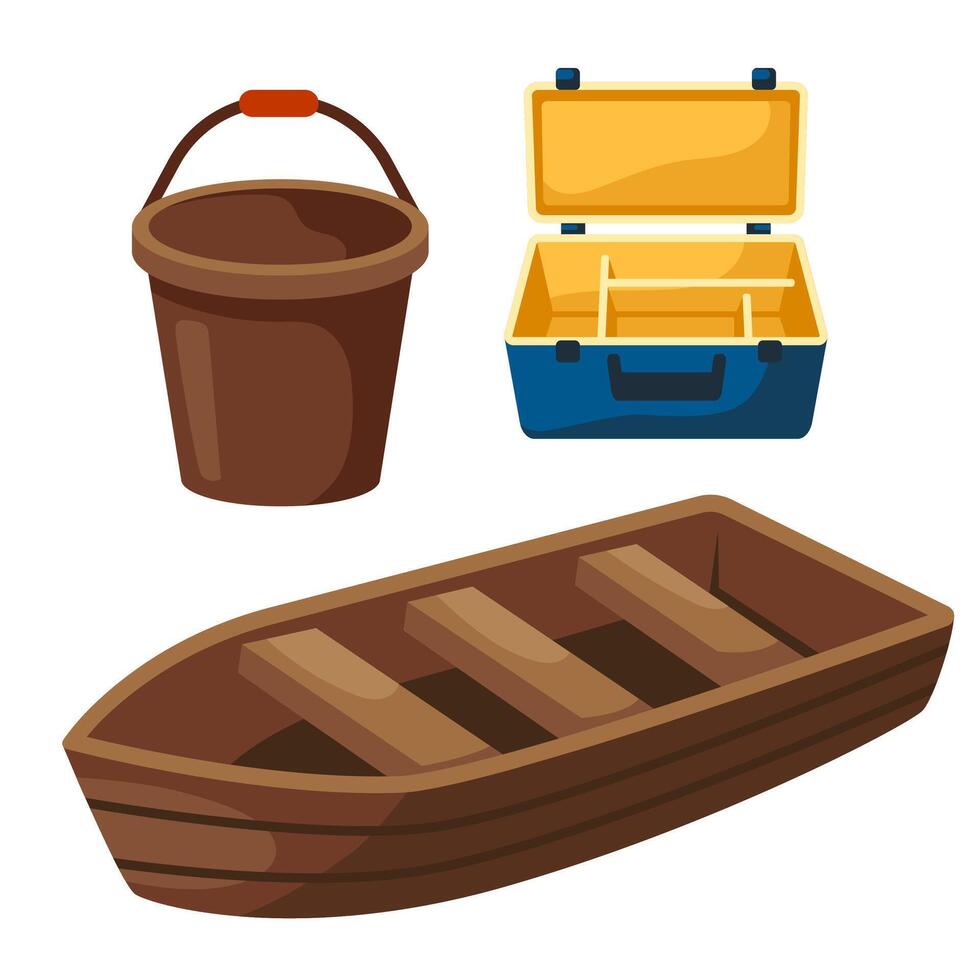 Fishing gear illustration showing a bucket, toolbox and boat in cartoon style vector
