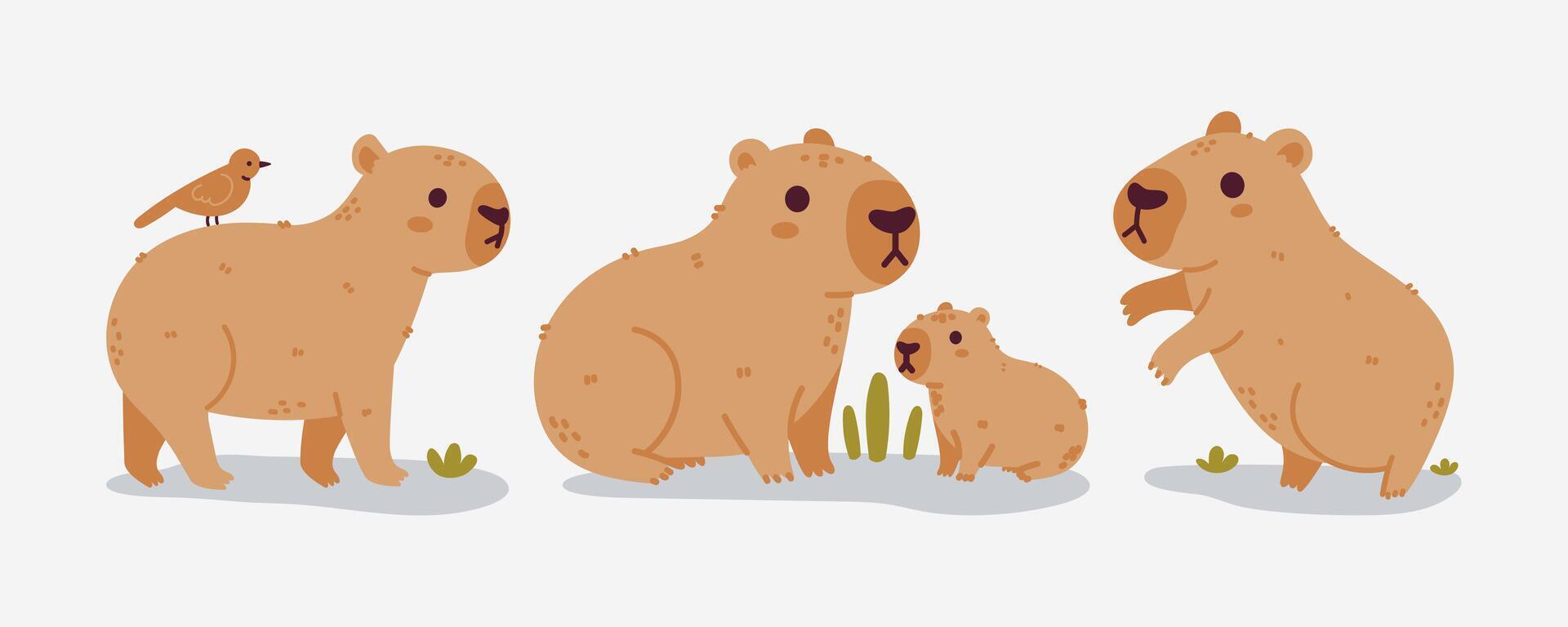 Charming Capybara Family Portrait in Delightful Cartoon Illustration vector
