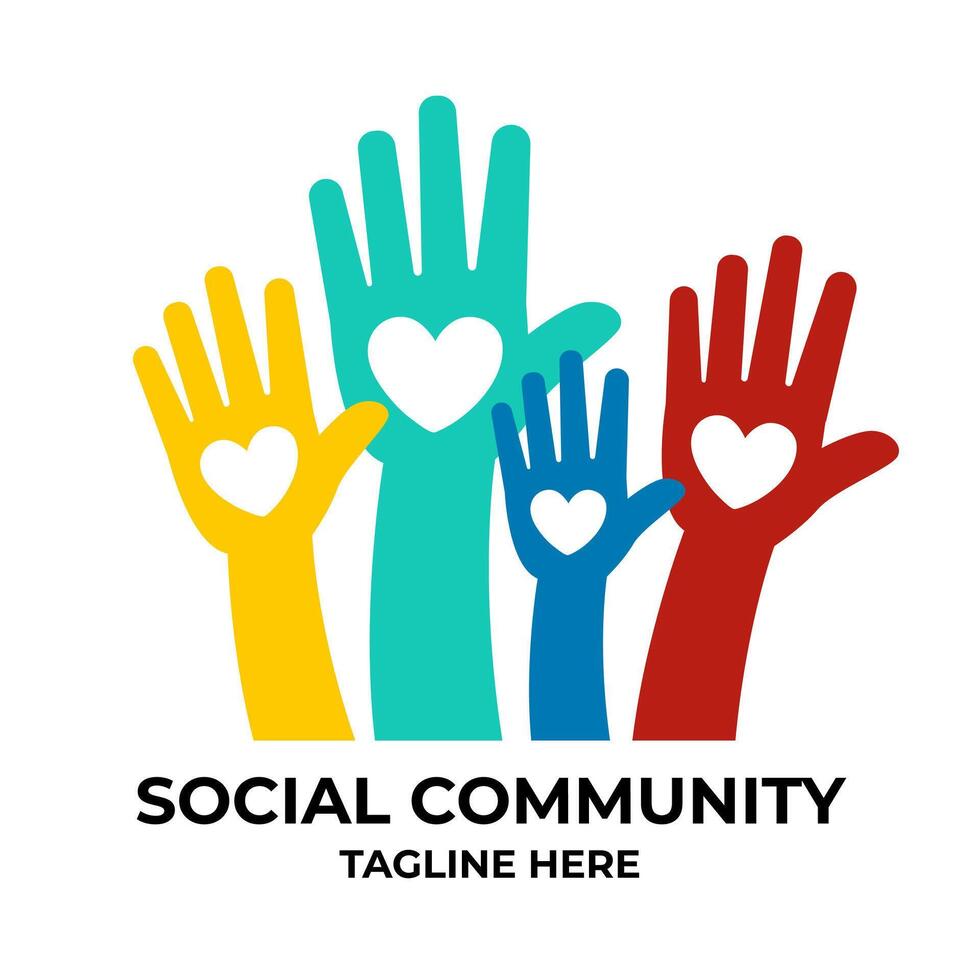 Colorful hands with heart symbols reaching upwards for social community logo vector