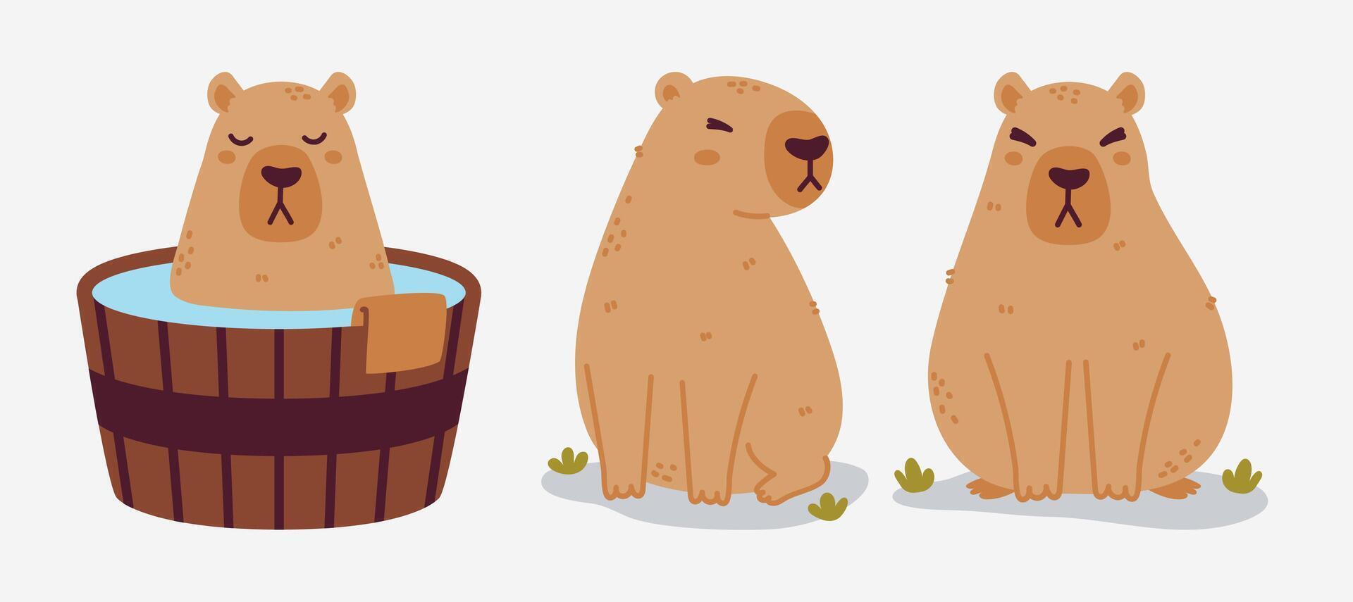 Three adorable capybaras in different scenarios, cartoon style illustration vector
