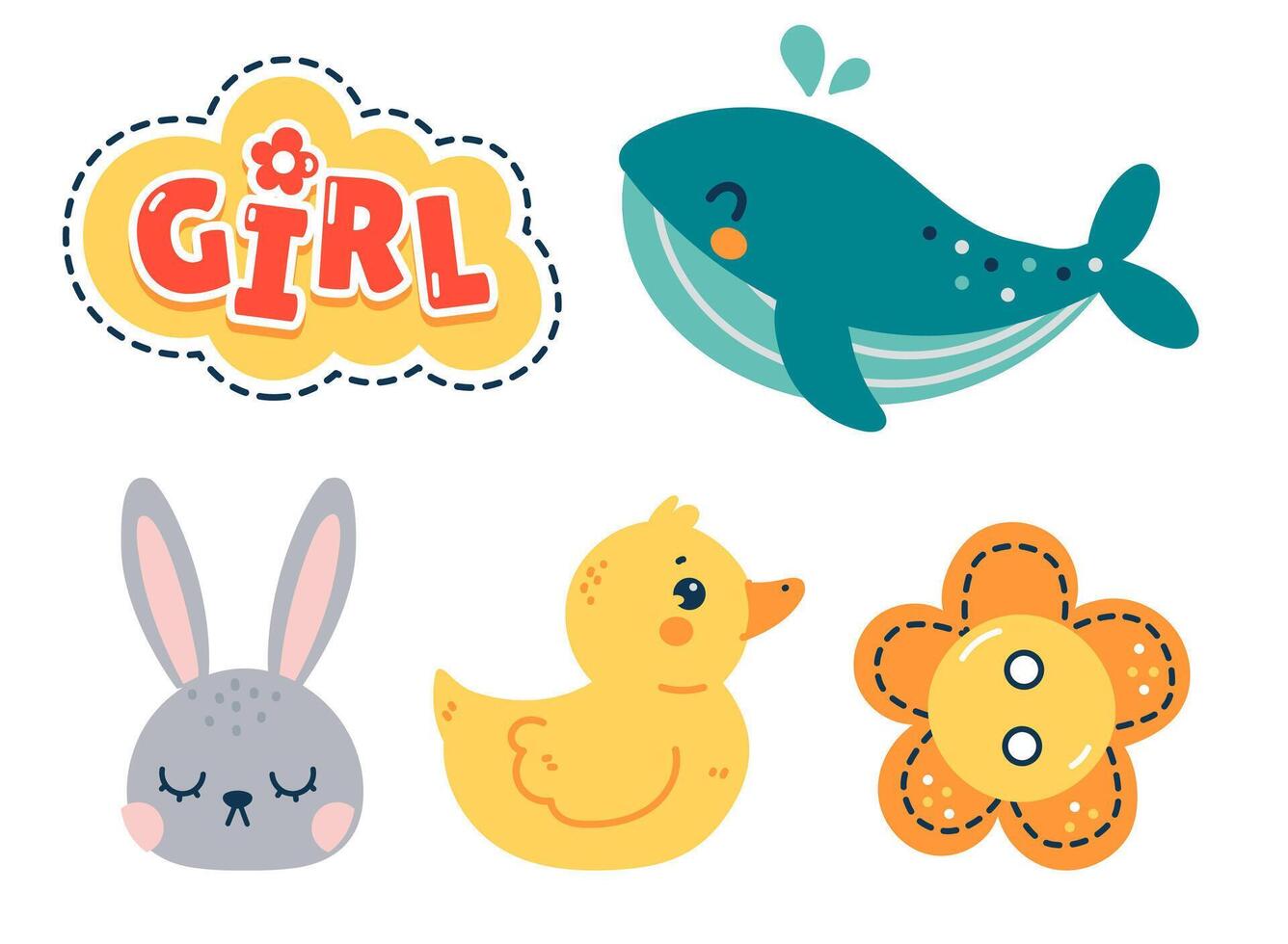 A charming collection of baby illustrations including animals and a flower. Ideal for baby-related projects and designs. vector