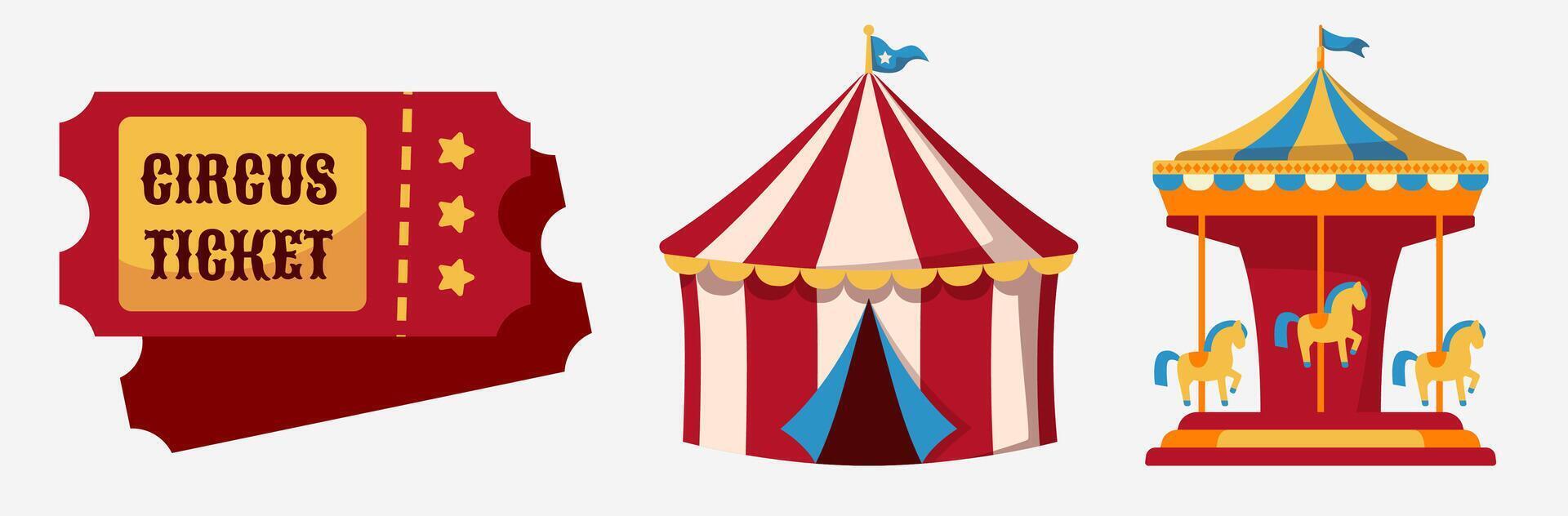 Colorful Circus Fun Fair Elements, Ticket, Big Top Tent, and Merry-Go-Round Icons vector
