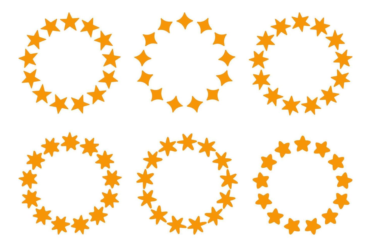 Set of circular star wreaths or round frames made of abstract doodle stars. Hand drawn celestial elements on a white background. Perfect for design, decoration, branding, and creative projects. vector