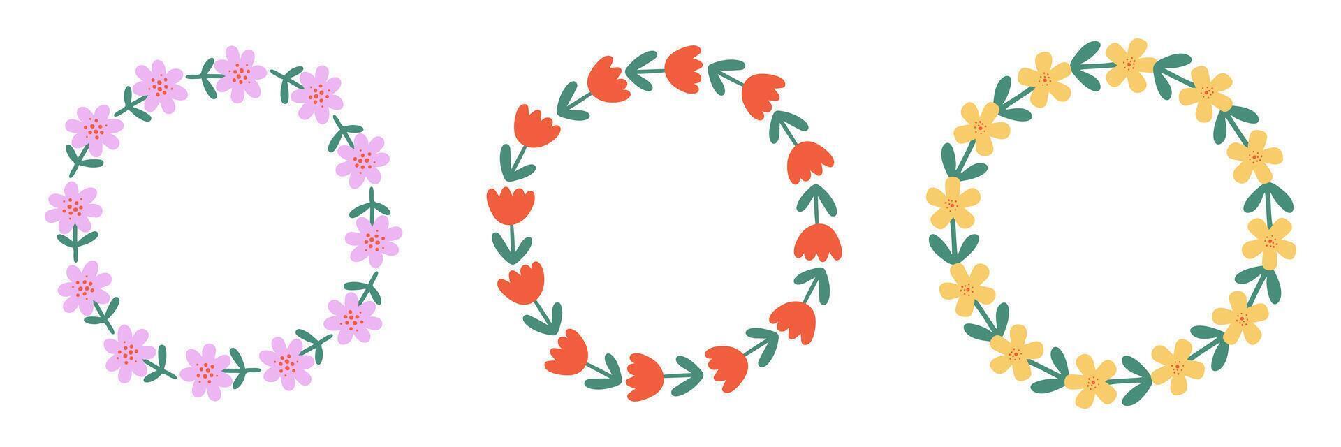 Set of three floral wreaths with colorful flowers in a flat style. Perfect for invitations, greeting cards, prints, logos, wedding decor, scrapbooking, and seasonal designs. vector