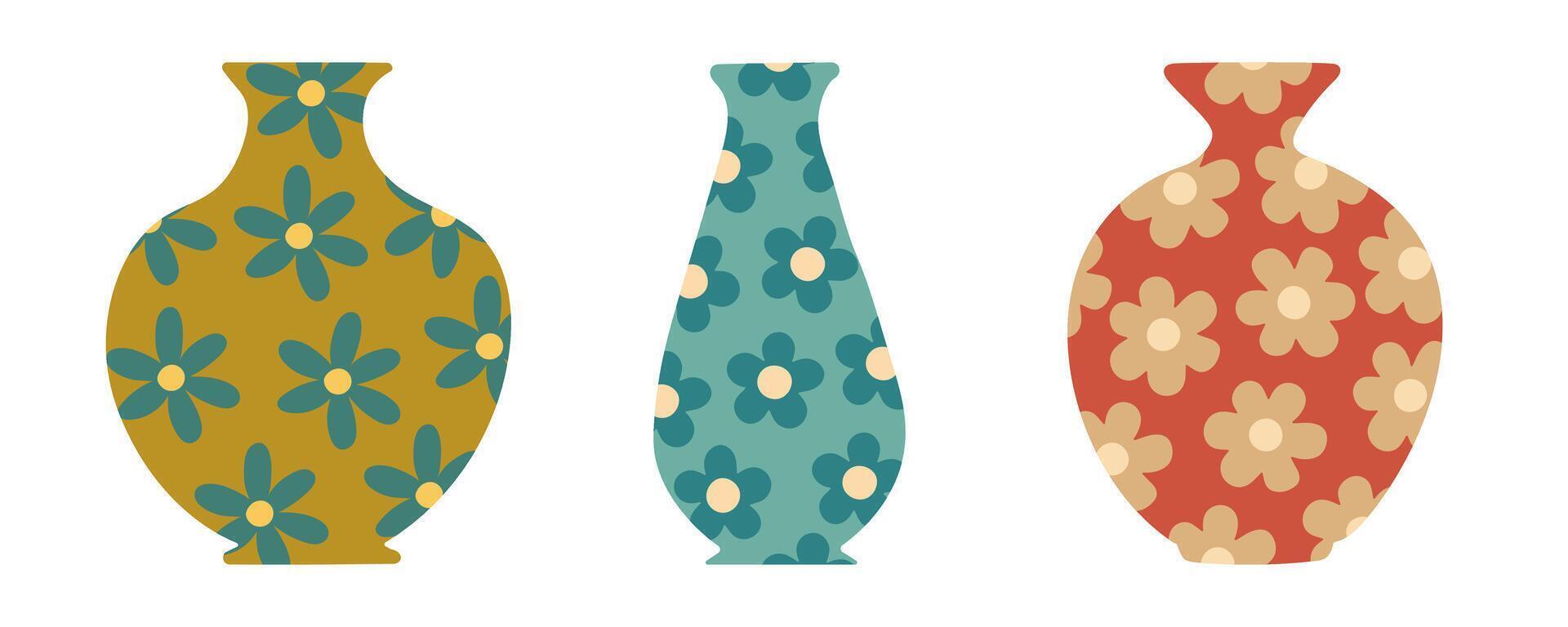 Set of three decorative vases with floral patterns in a flat style. Perfect for home decor, greeting cards, posters, scrapbooking, and stylish interior design. vector
