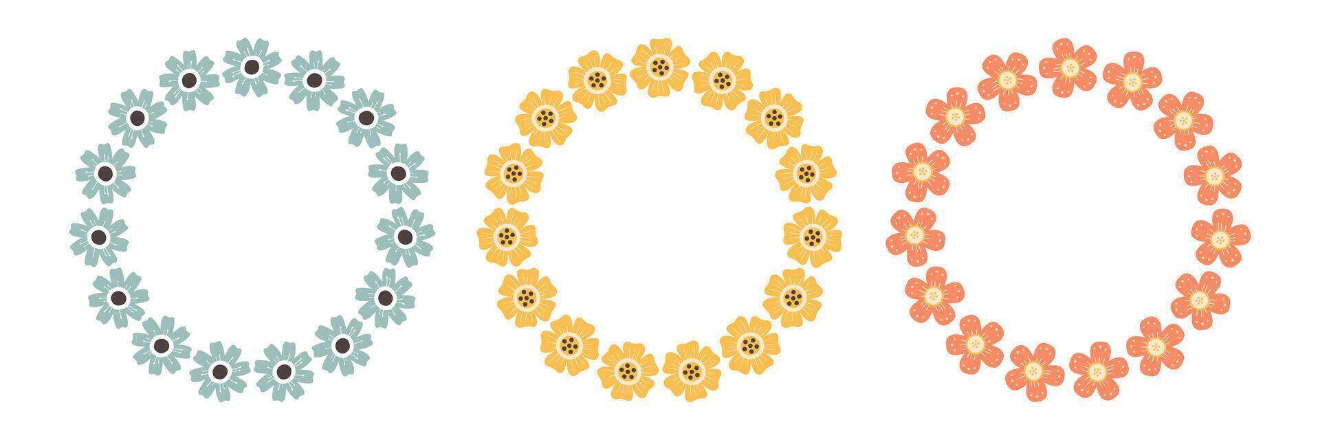 Set of three floral wreaths with colorful flowers in a flat style. Perfect for invitations, greeting cards, prints, scrapbooking, and seasonal designs. vector