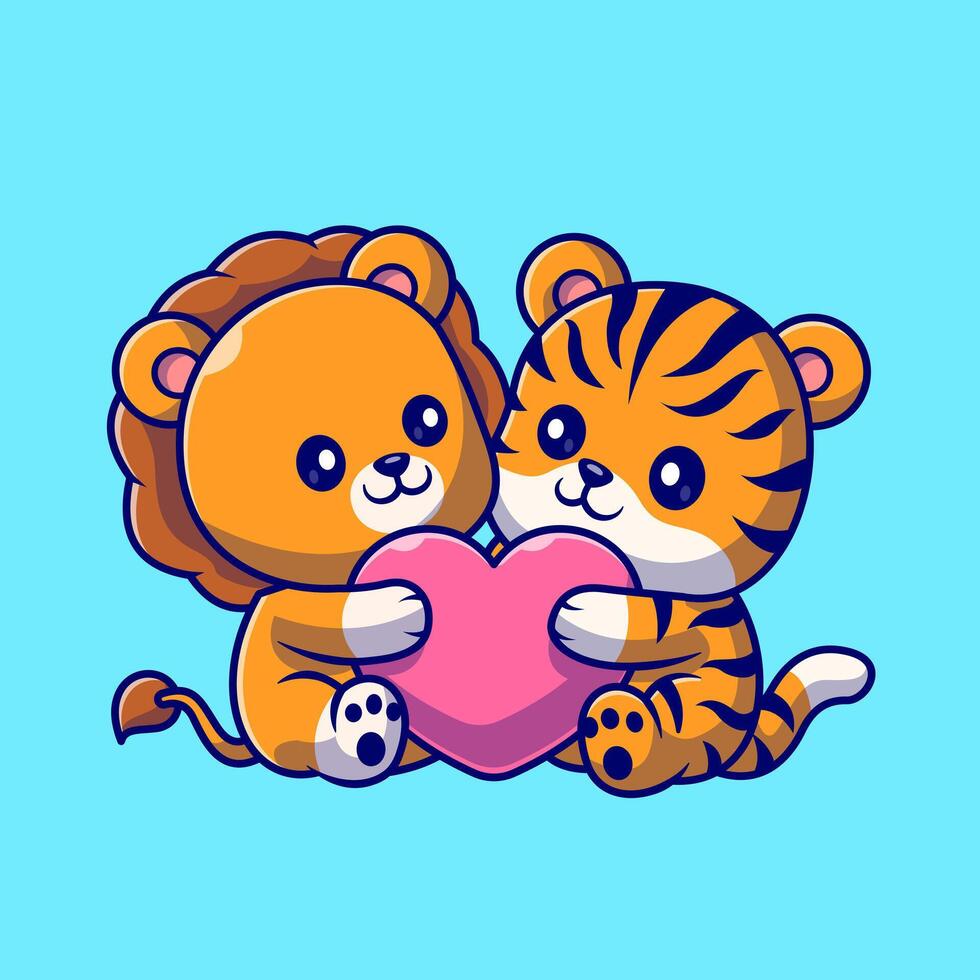 Cute Lion and Tiger Hug Love Heart Cartoon vector