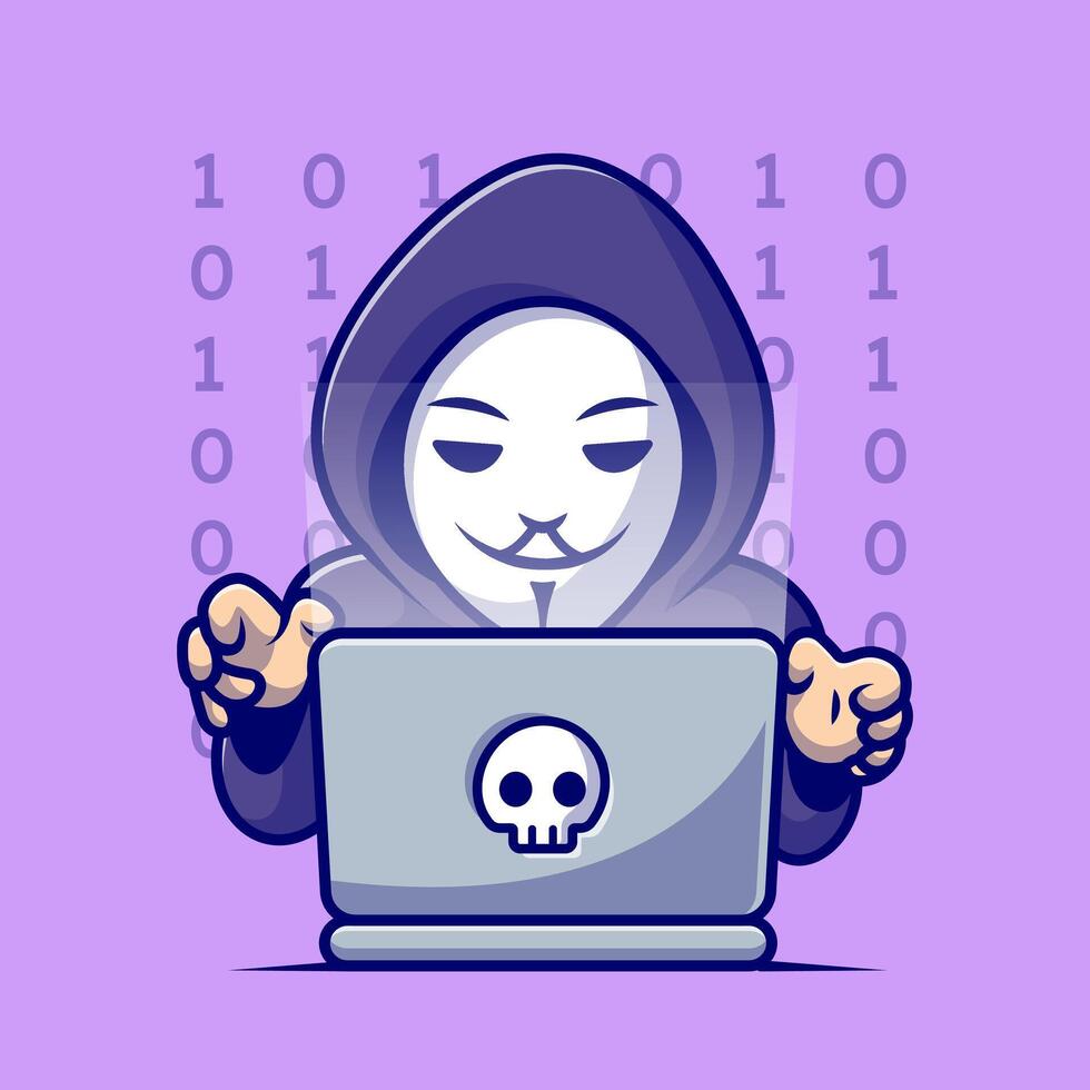 Cute Hacker Operating Laptop Cartoon vector
