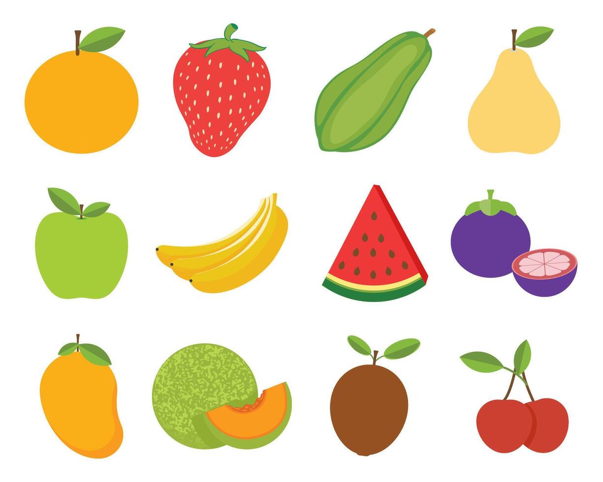 Diverse fruits assortment, cartoon style illustration set isolated vector