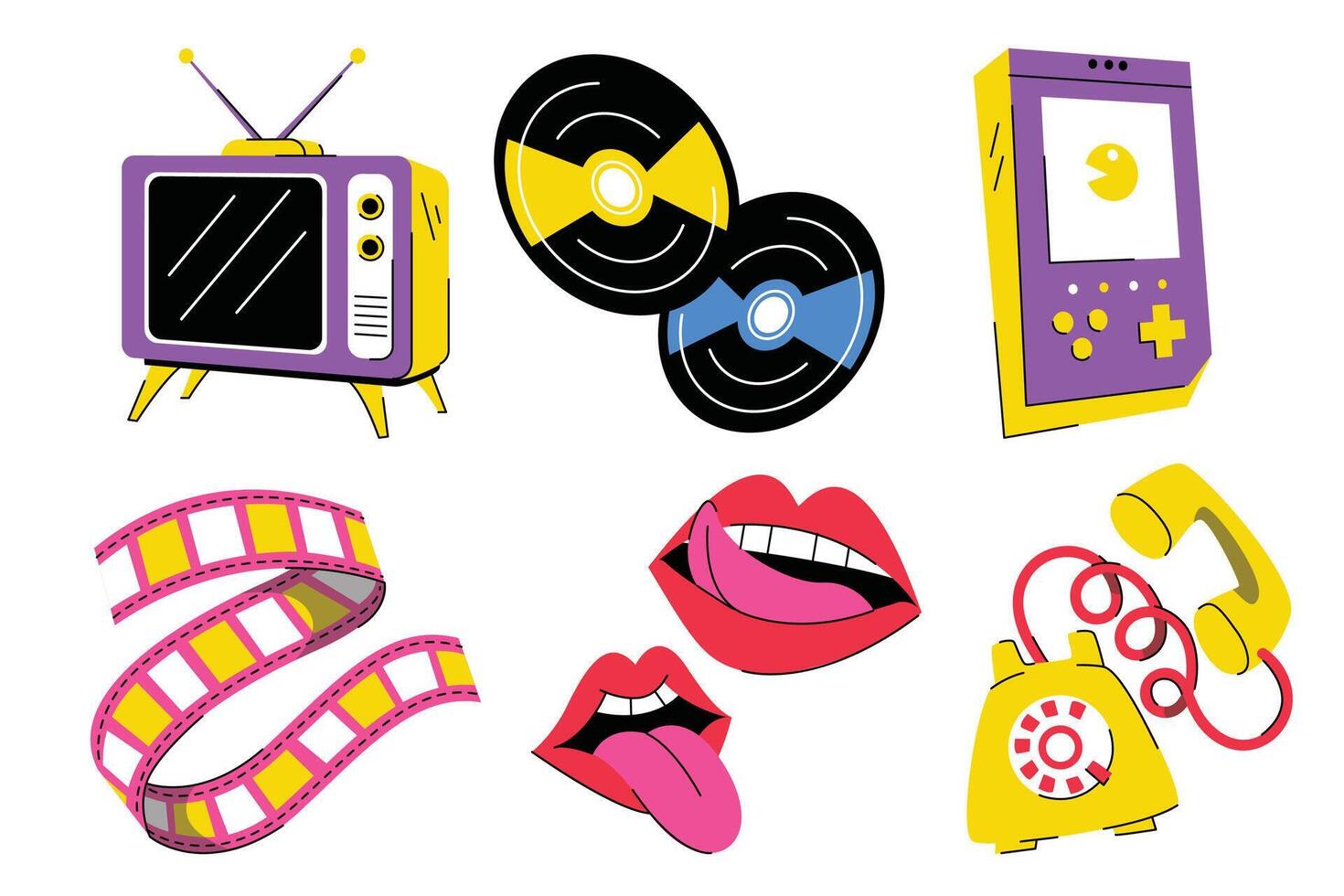 Colorful retro media and technology collection illustration elements vector