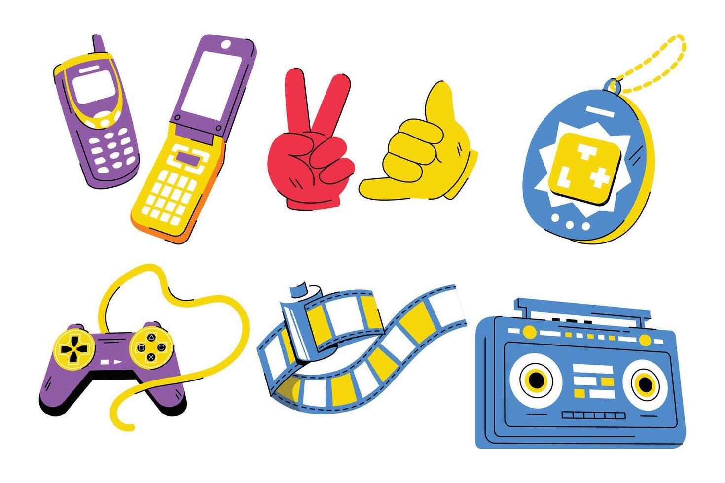 Nostalgic throwbacks, a vibrant collection of iconic 90s gadgets illustration vector