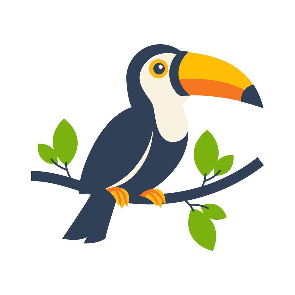 Cartoon illustration of a toucan perched on a tree branch in nature vector