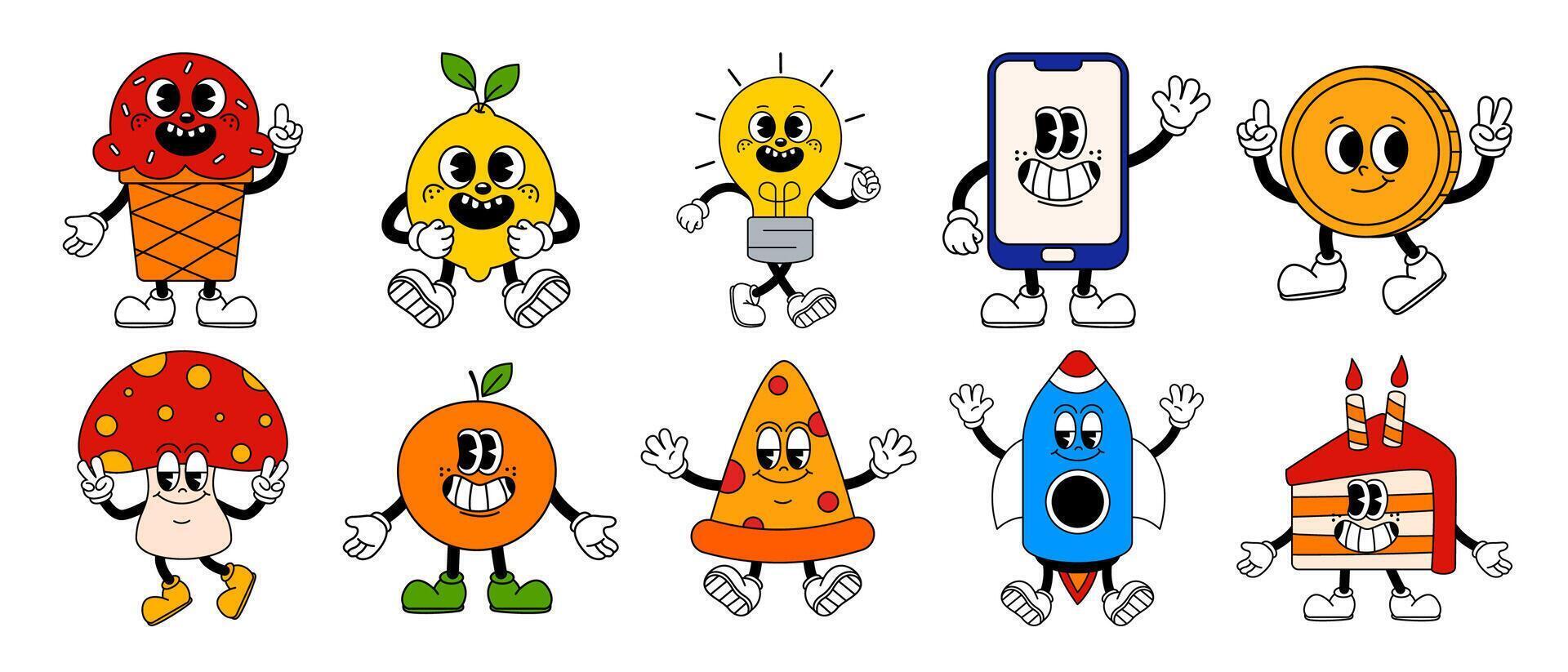 Groovy nostalgia, vintage cartoon characters set against a plain backdrop vector