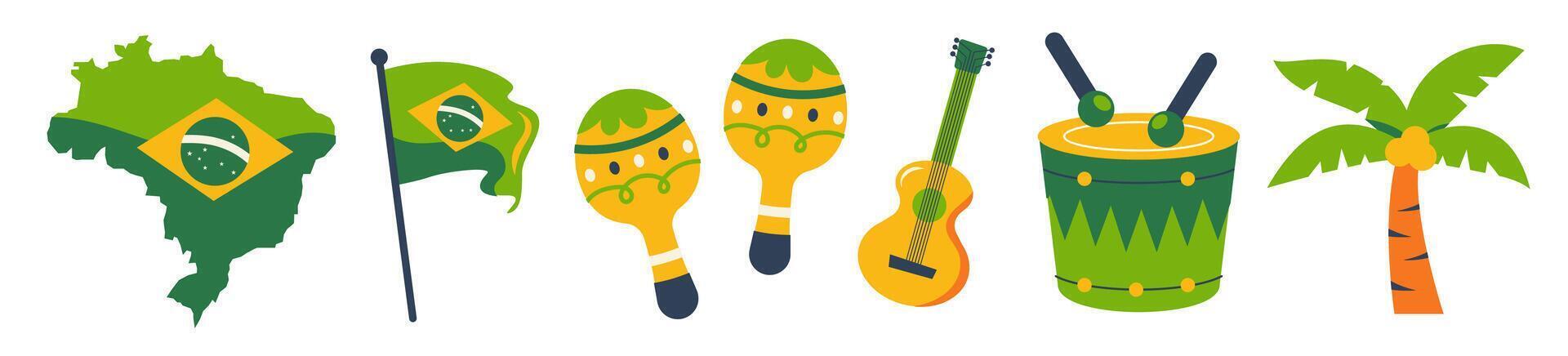 Colorful Brazilian cultural elements illustration with musical instruments and flag vector