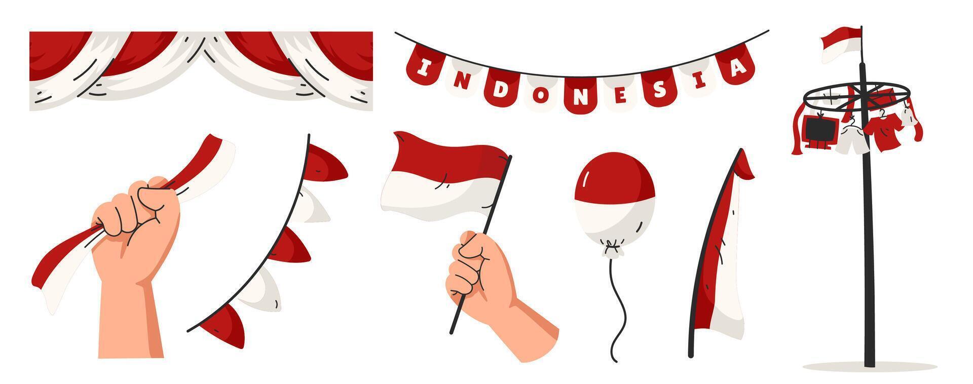 Illustrations celebrating Indonesian independence day festivities and decorations vector
