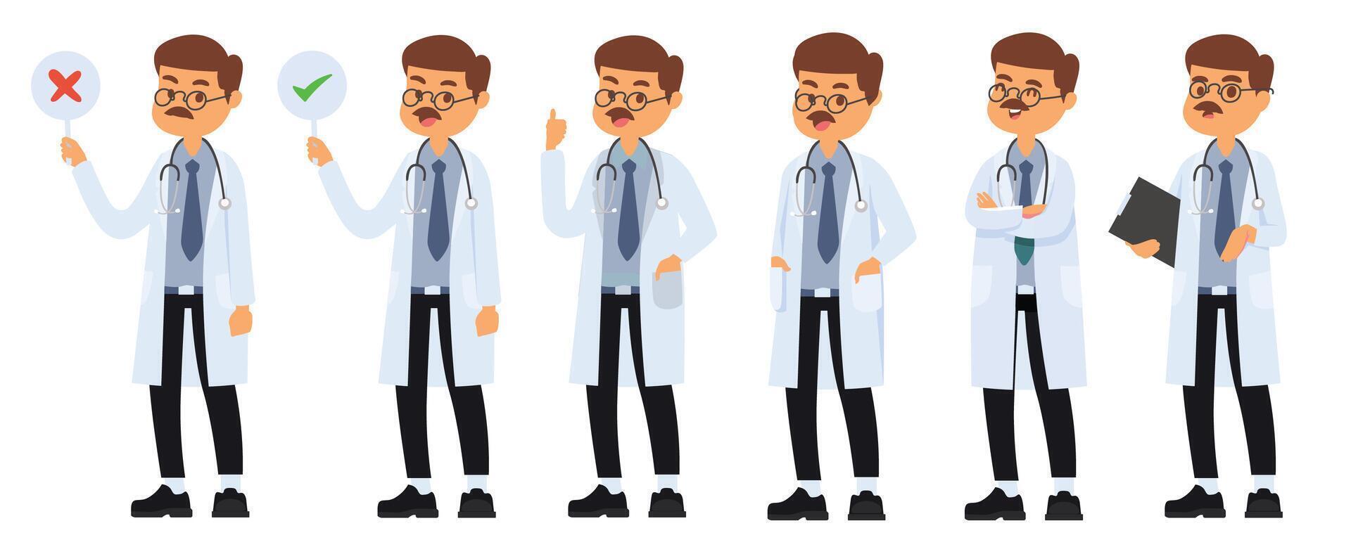 Diverse cartoon doctor character set demonstrating different medical situations vector