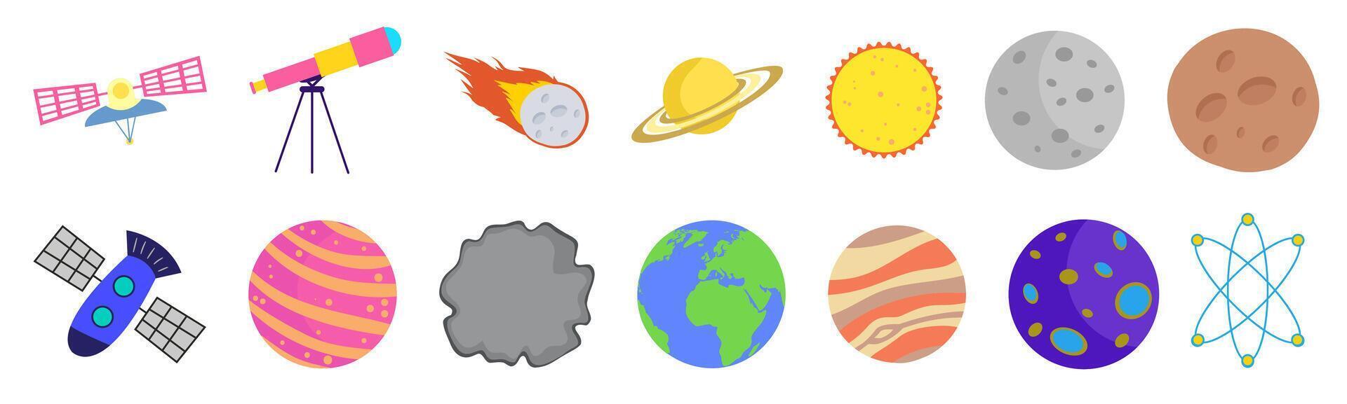 Colorful Cartoon Space Elements, Planets, Satellites, Telescope and Celestial Objects vector
