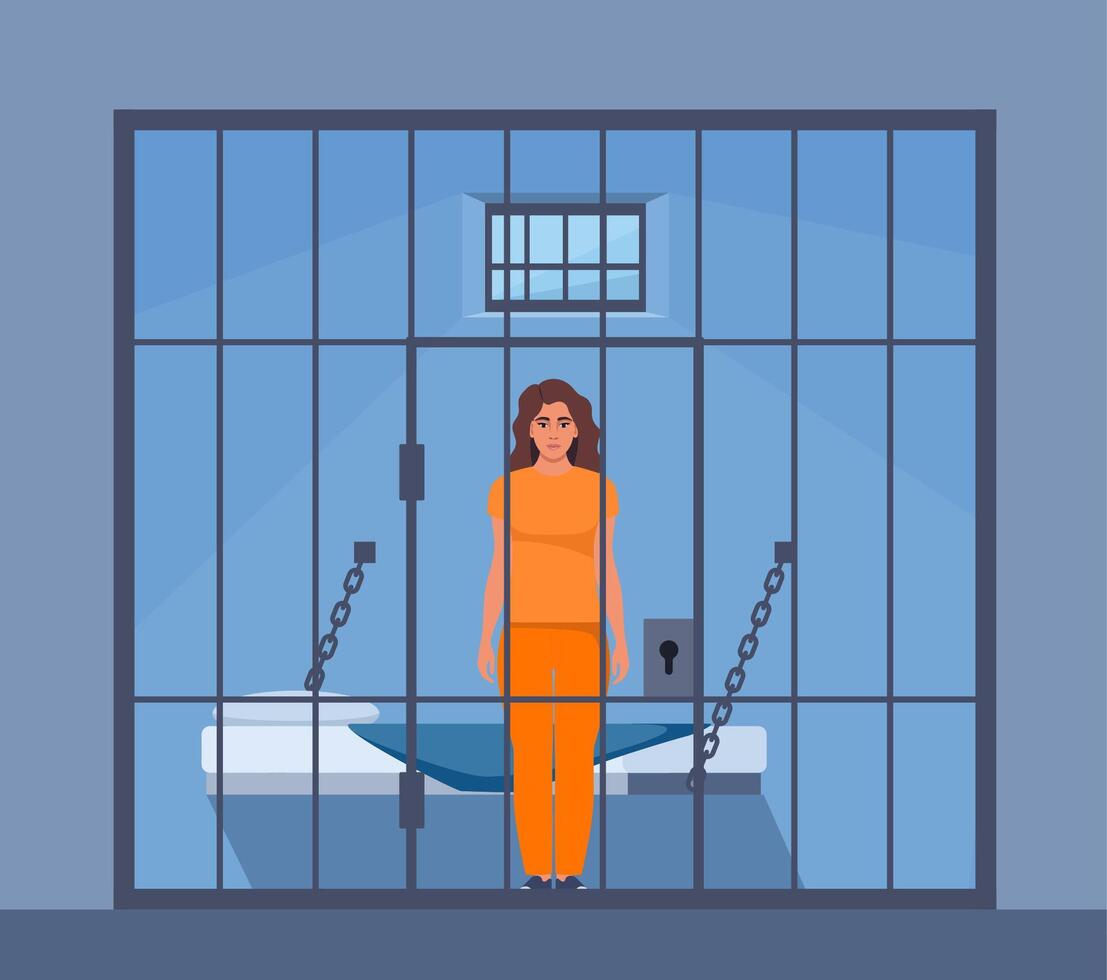 Prisoner woman in orange suit behind bars of a prison cell. Punishment system for crime and law breaking. illustration. vector