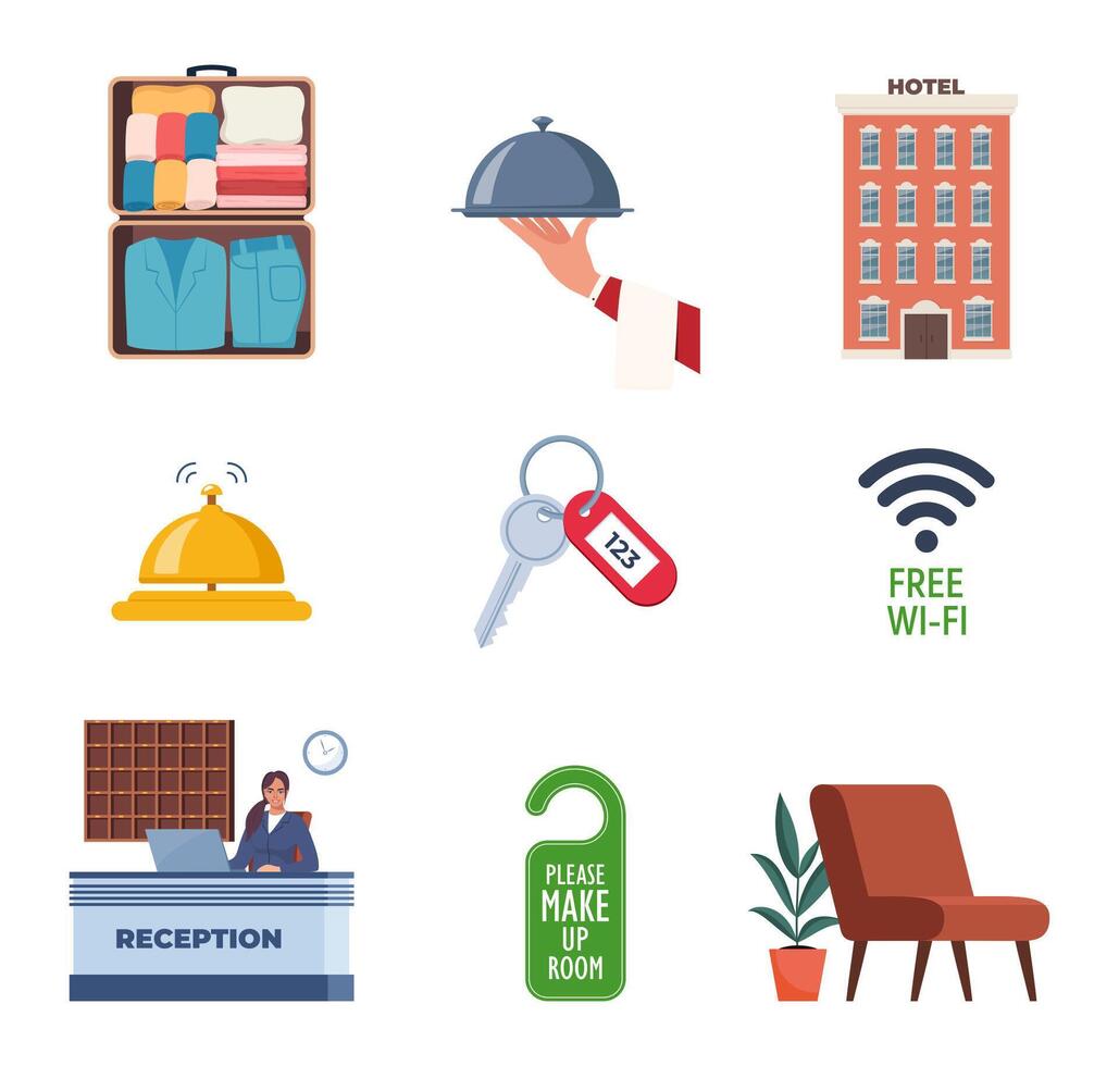 Hotel and Hospitality icons. Lodging industry. Restaurant and hotel service. vector