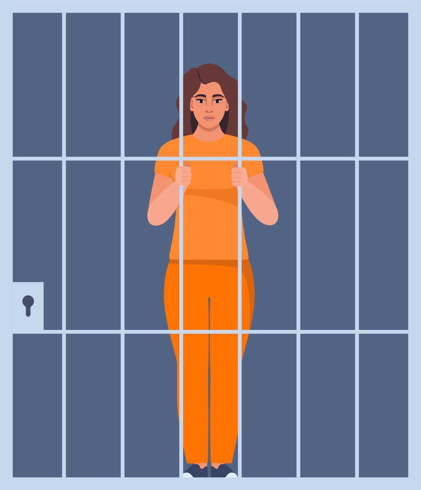 Prisoner woman behind bars of a prison cell. Punishment system for crime and law breaking. illustration. vector