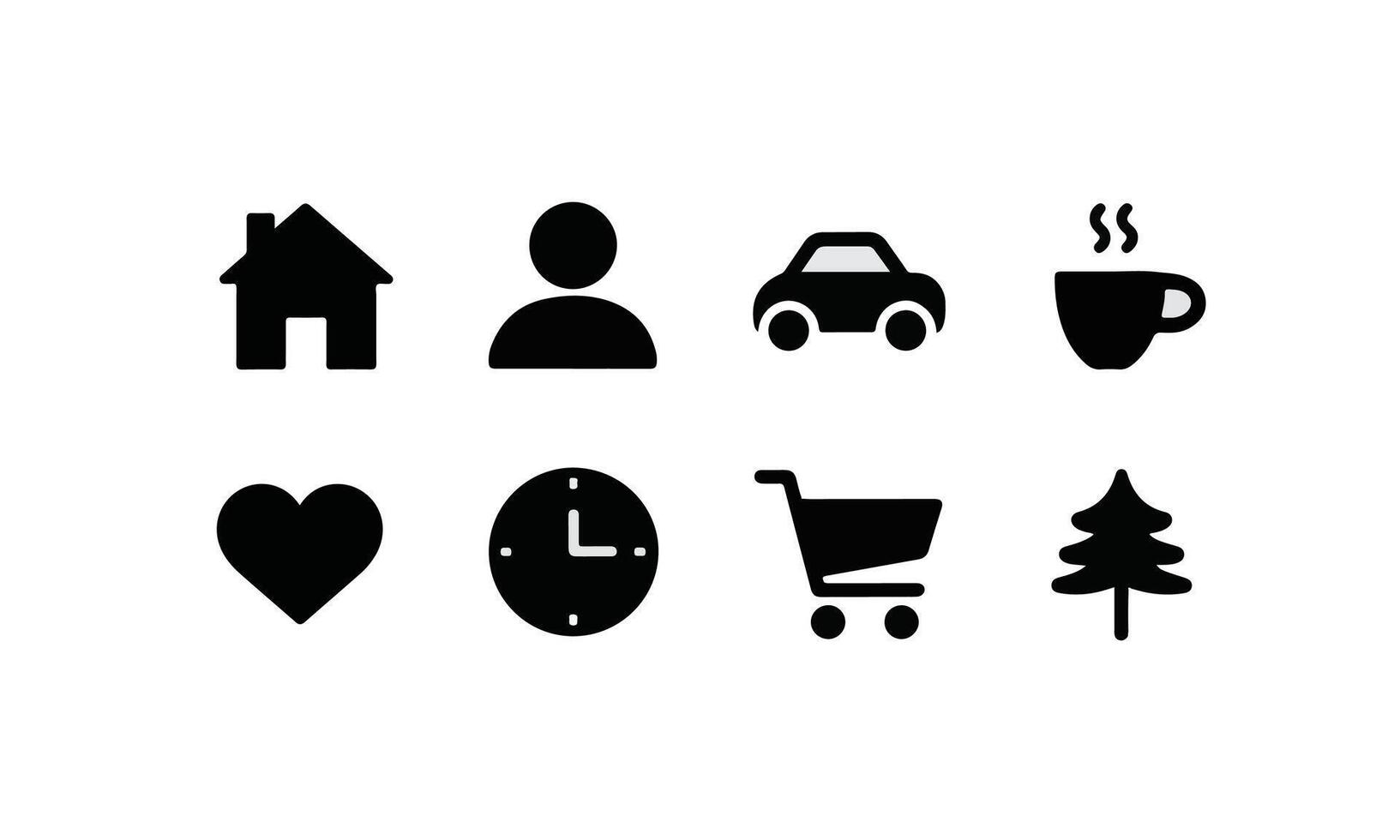 A set of black and white icons that include a coffee cup, a clock, a tree, vector